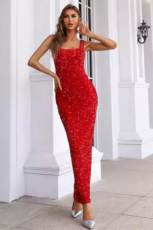 Vibrant Red Sequin Gown with Square Neck & Sleeveless Silhouette