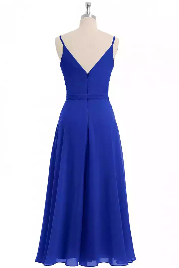 Vibrant Royal Blue Chiffon Gown with Spaghetti Strap V-Neck & Wrap Tie Waist