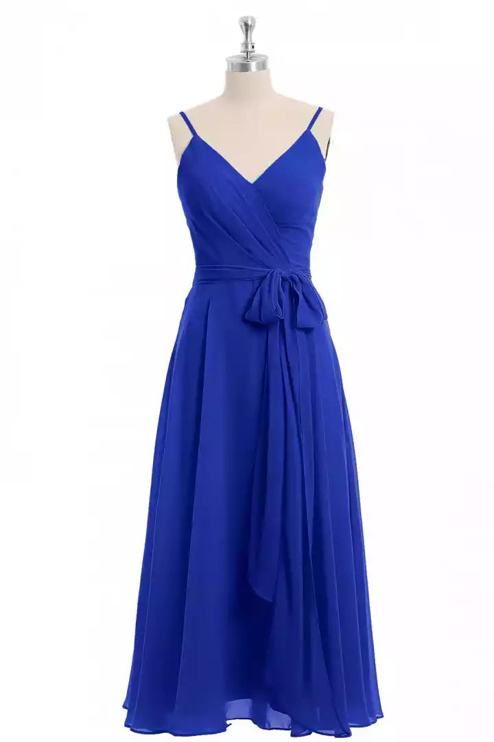 Vibrant Royal Blue Chiffon Gown with Spaghetti Strap V-Neck & Wrap Tie Waist