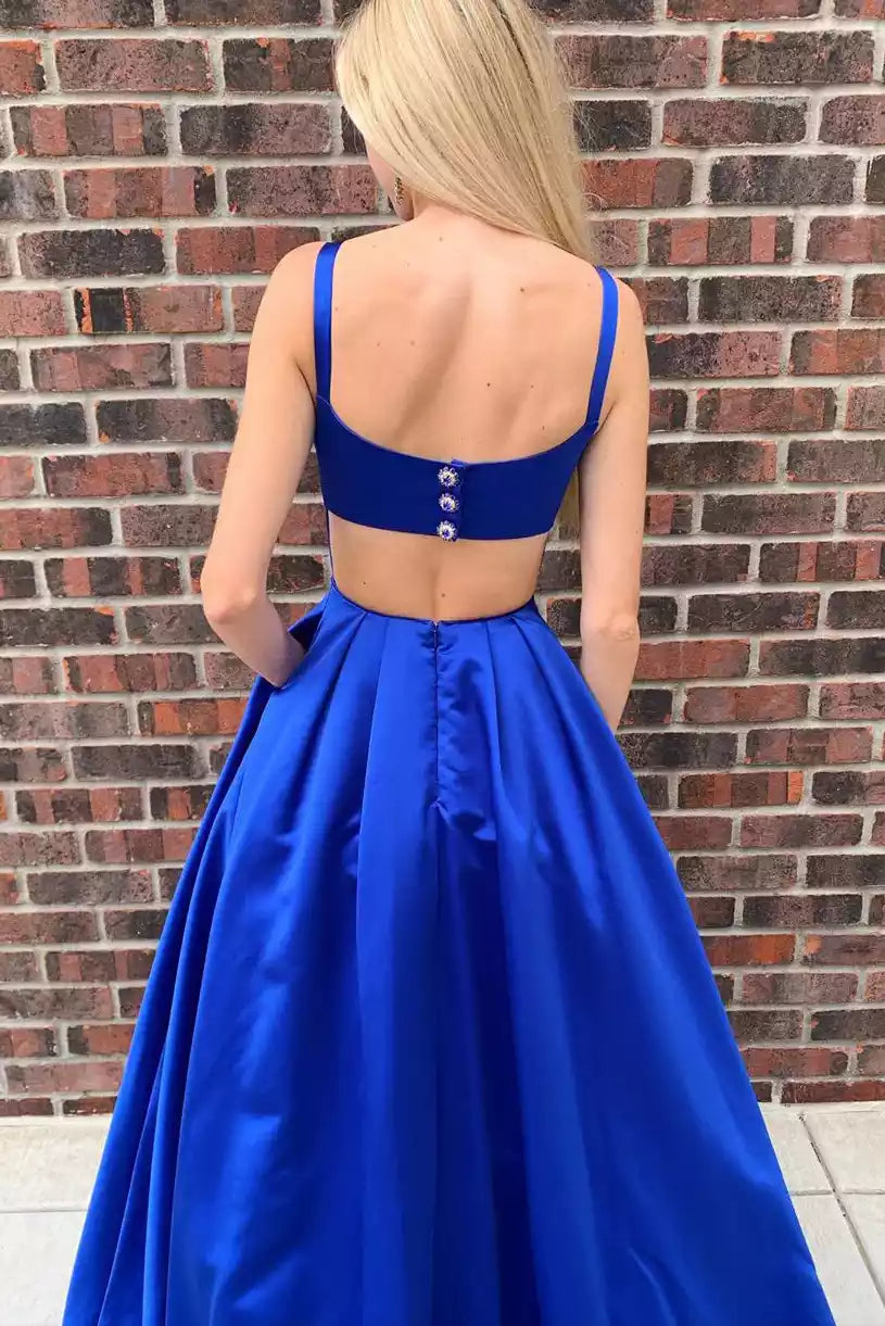 Vibrant Royal Blue Satin Ballgown with Cut-Out Back & Square Neckline