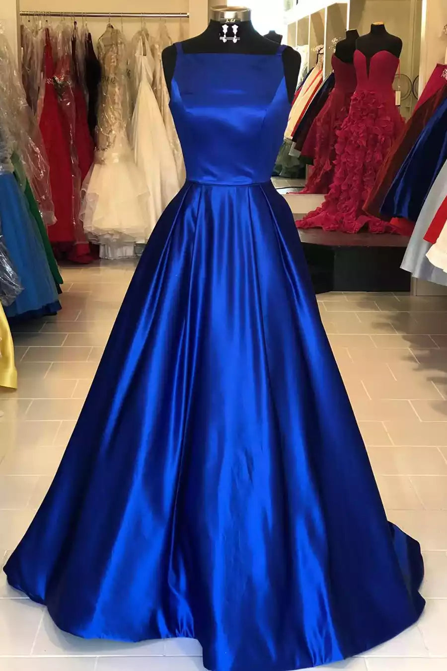 Vibrant Royal Blue Satin Ballgown with Cut-Out Back & Square Neckline