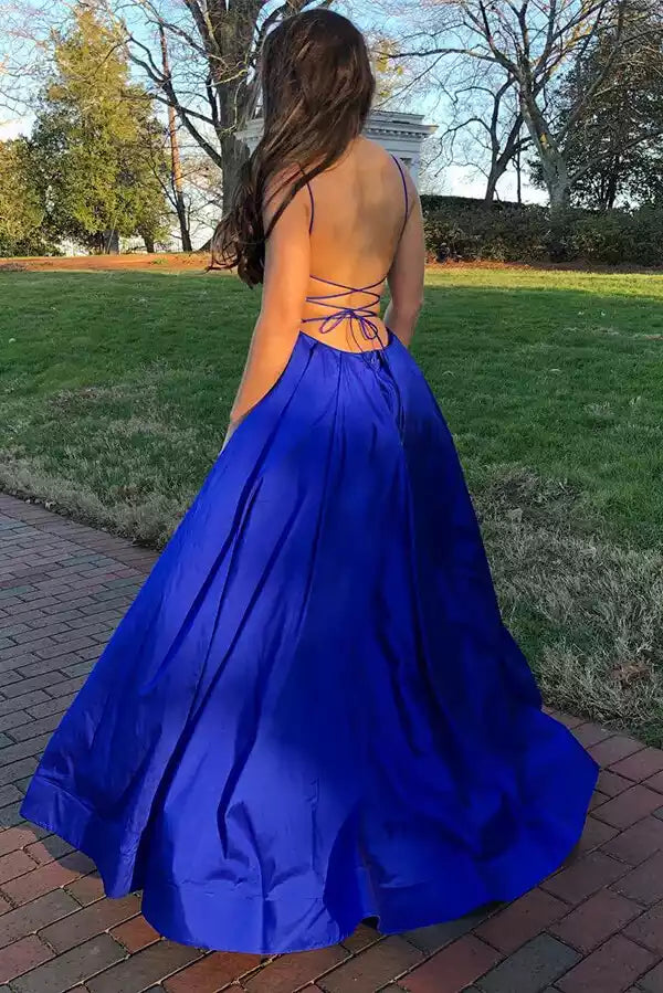 Vibrant Royal Blue Satin Ballgown with Deep V-Neck & Crisscross Open Back