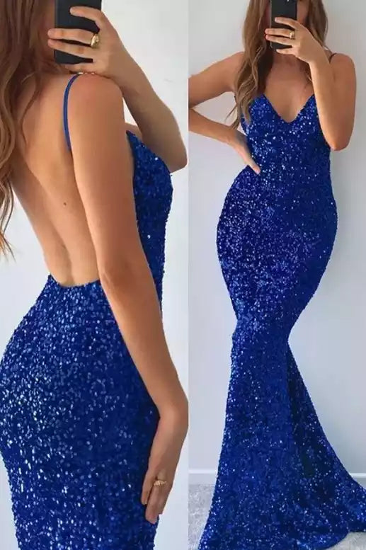 Vibrant Royal Blue Sequin Mermaid Gown with Plunging V-Neck & Open Back