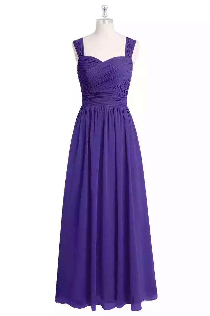 Vibrant Royal Purple Chiffon Gown with Square Neck & Ruched Bodice