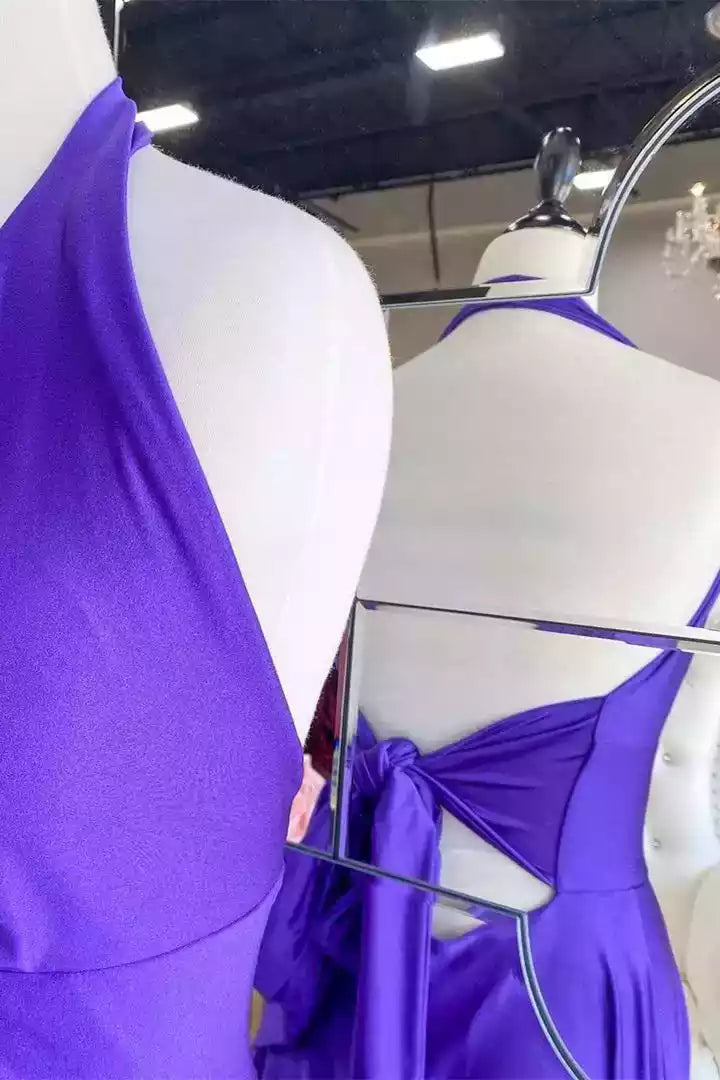 Vibrant Royal Purple Halter Gown with Deep V-Neckline & Knotted Open Back