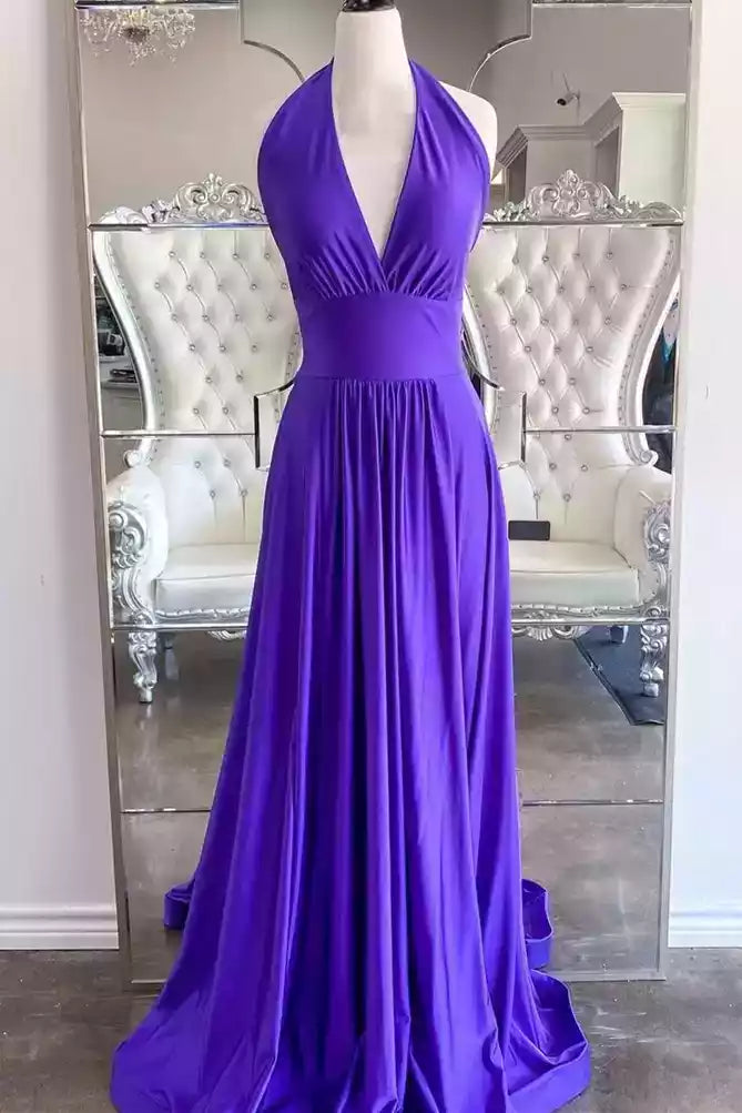 Vibrant Royal Purple Halter Gown with Deep V-Neckline & Knotted Open Back
