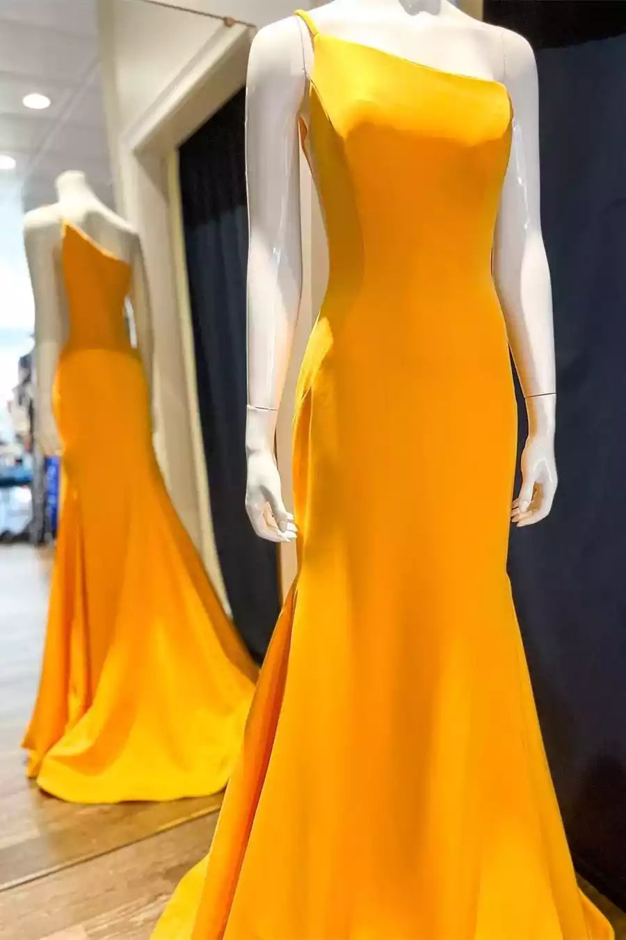 Vibrant Saffron Satin One-Shoulder Mermaid Gown