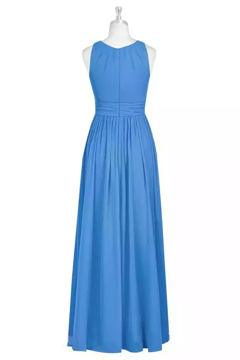 Vibrant Sky Blue Chiffon Gown with Halter Neck & Ruched Bodice