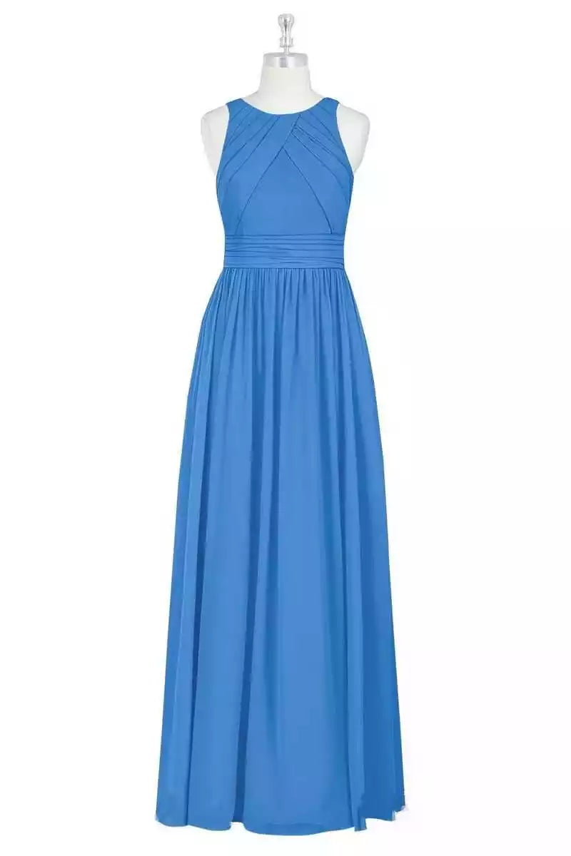 Vibrant Sky Blue Chiffon Gown with Halter Neck & Ruched Bodice