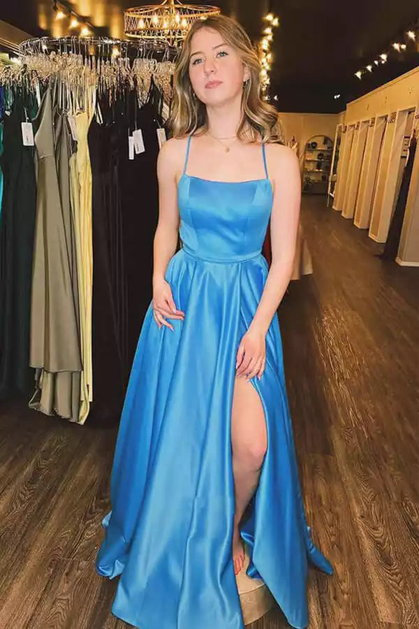 Vibrant Sky Blue Satin Gown with Strappy Open Back & Ballgown Silhouette
