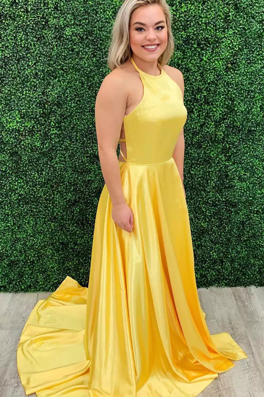 Vibrant Sunflower Satin Gown with Halter Neckline & Crisscross Open Back