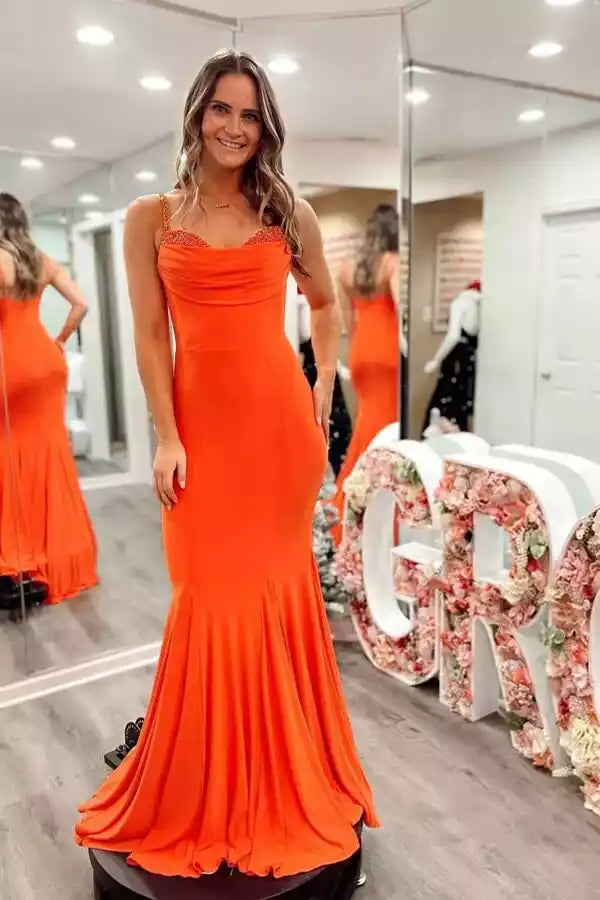 Vibrant Tangerine Mermaid Gown with Embellished Straps