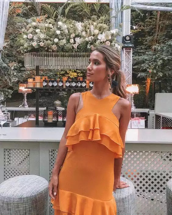 Vibrant Tangerine Ruffle Gown with Sleeveless Bodice & A-Line Silhouette