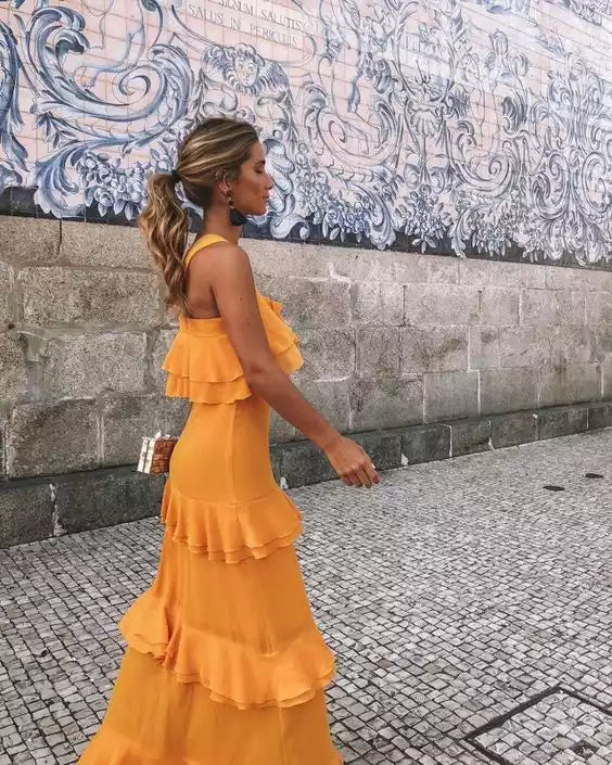 Vibrant Tangerine Ruffle Gown with Sleeveless Bodice & A-Line Silhouette