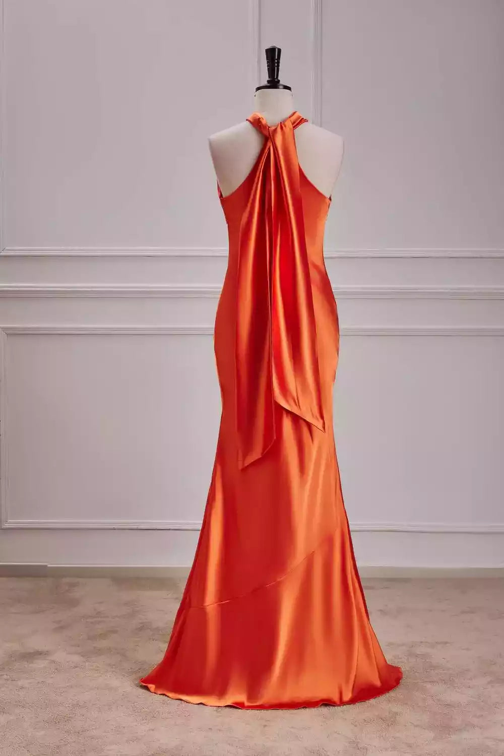 Vibrant Tangerine Satin Gown with Halter Neckline & Draped Back Detail