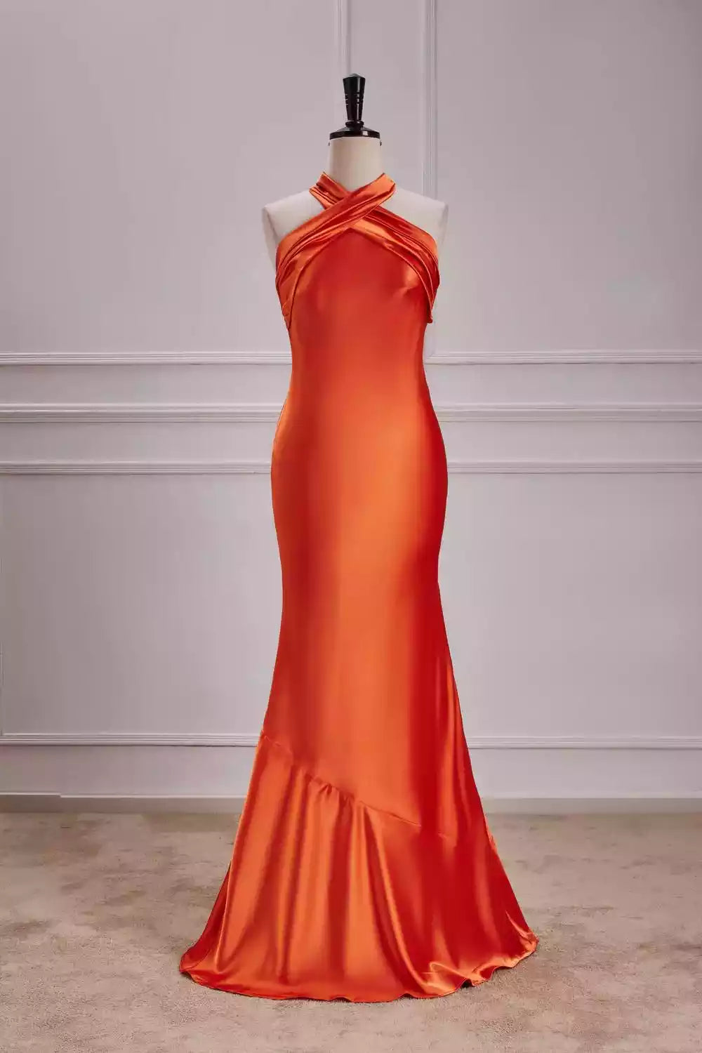 Vibrant Tangerine Satin Gown with Halter Neckline & Draped Back Detail