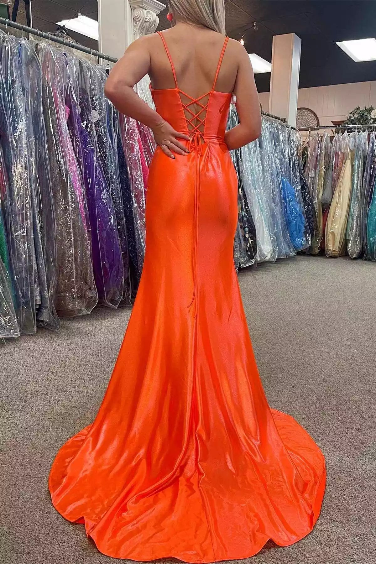 Vibrant Tangerine Satin Mermaid Gown with Spaghetti Strap & Lace-Up Back
