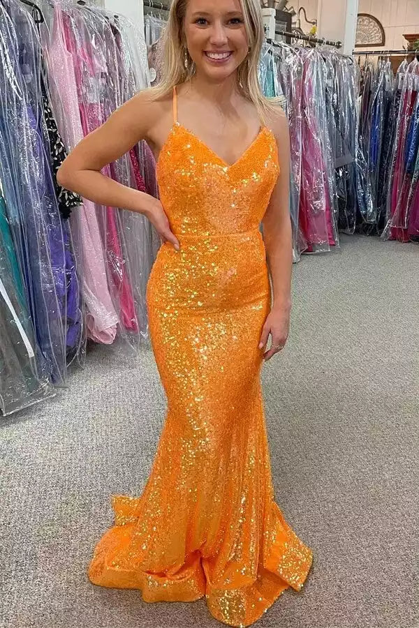 Vibrant Tangerine Sequin Mermaid Gown with Crisscross Back