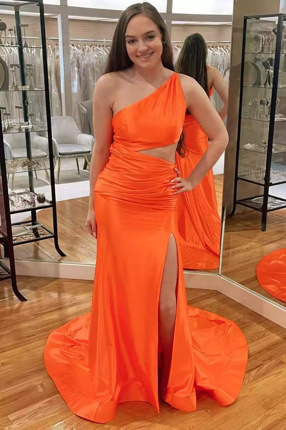 Vibrant Tangerine Two-Piece Mermaid Gown with One-Shoulder & Cutout Details