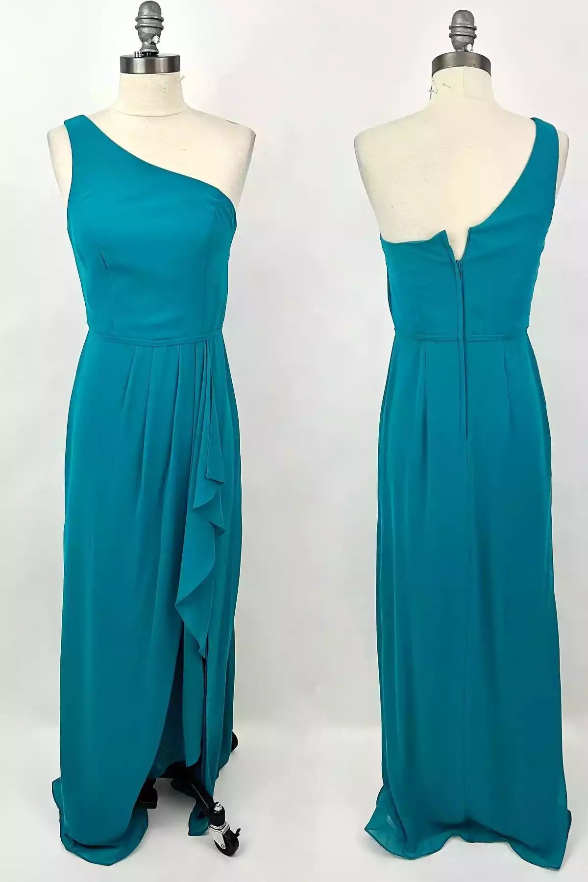 Vibrant Teal Chiffon Gown with Asymmetrical Neck & Ruffled Side Detail