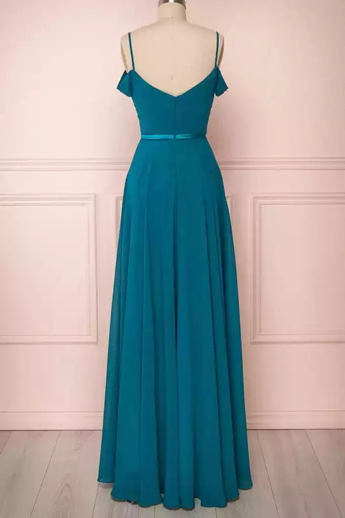 Vibrant Teal Chiffon Gown with Off-the-Shoulder Straps & Ruched Bodice