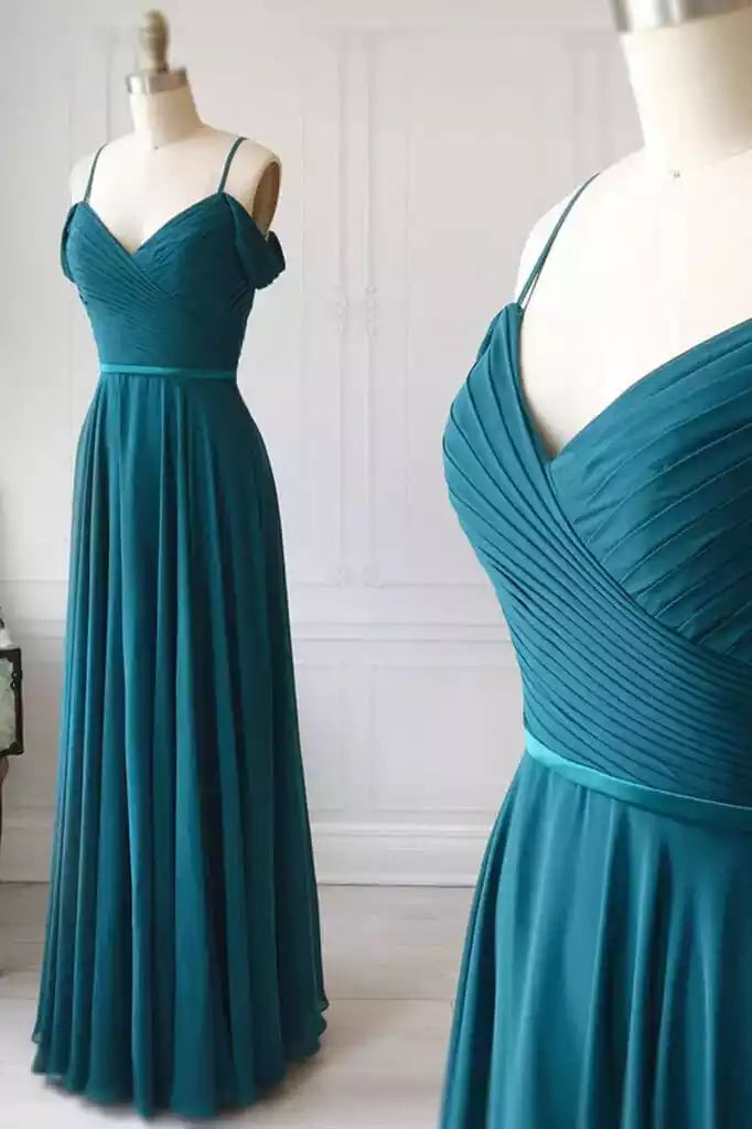 Vibrant Teal Chiffon Gown with Off-the-Shoulder Straps & Ruched Bodice