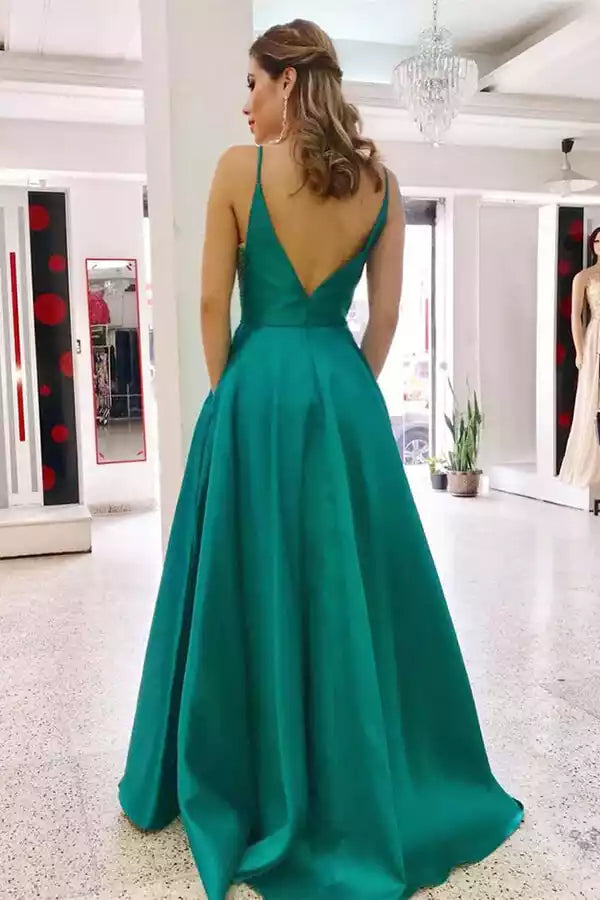Vibrant Teal Satin Ballgown with Spaghetti Straps & Deep V-Back