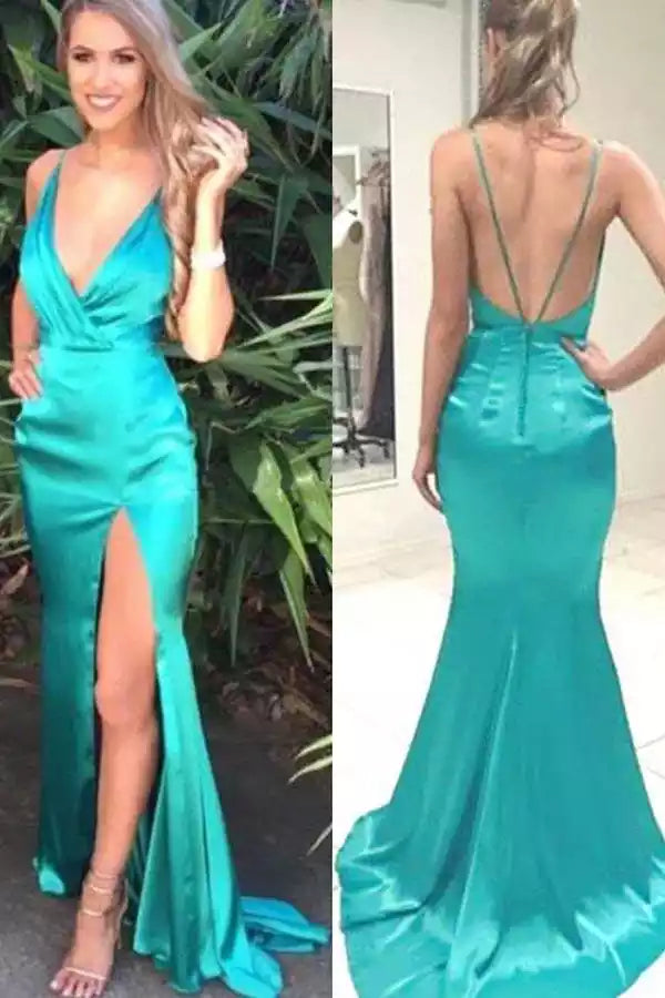 Vibrant Teal Satin Mermaid Gown with Deep V-Neck & Crisscross Open Back