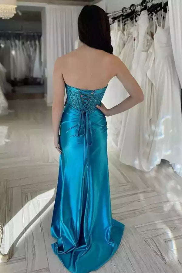Vibrant Turquoise Satin Mermaid Gown with Beaded Bodice & High Slit