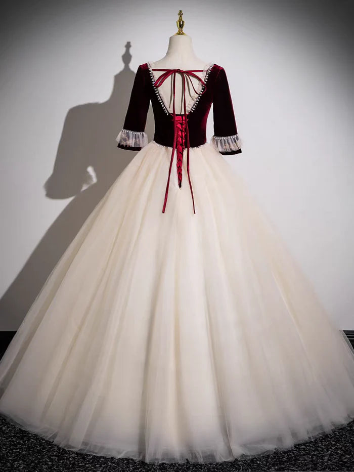 Vintage Ball Gown Square Neck 3/4 Sleeve Lace - Up Back Long Length Quinceanera Dresses