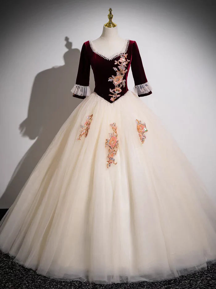 Vintage Ball Gown Square Neck 3/4 Sleeve Lace - Up Back Long Length Quinceanera Dresses
