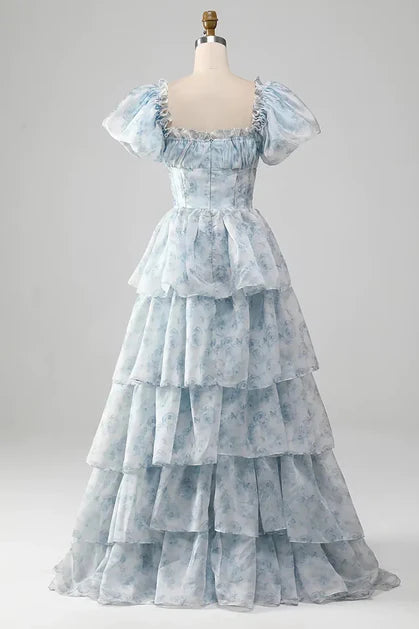 Vintage Ballgown Square-Neck Floral-Chiffon Tiered Puff-Sleeve Back-Zip Floor-Length Evening Dresses
