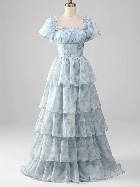 Vintage Ballgown Square-Neck Floral-Chiffon Tiered Puff-Sleeve Back-Zip Floor-Length Evening Dresses