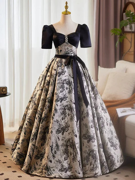Vintage Ballgown Square-Neck Puff-Sleeve Printed-Satin Lace-Up Back Floor-Length Evening Dresses