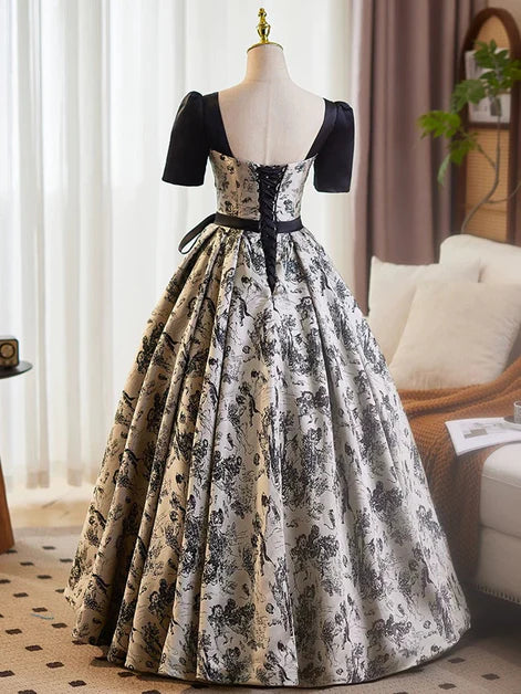 Vintage Ballgown Square-Neck Puff-Sleeve Printed-Satin Lace-Up Back Floor-Length Evening Dresses