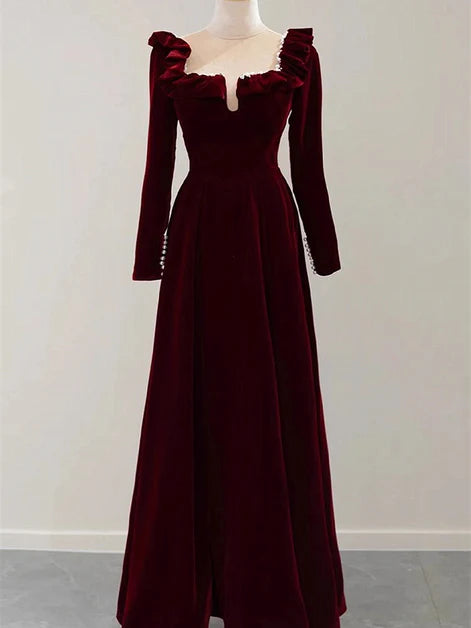 Vintage Ballgown Square-Neck Velvet Ruffled Pearl-Trim Long-Sleeve Back-Zip Floor-Length Evening Dresses