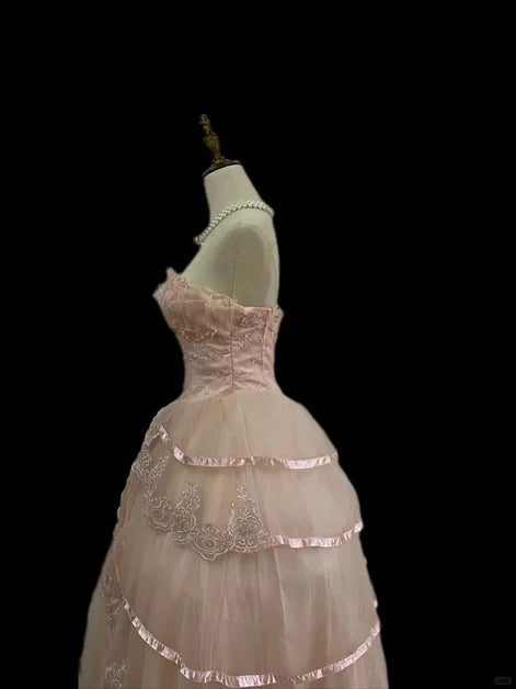 Vintage Ballgown Strapless Tulle Lace-Ruffled Back-Zip Floor-Length Evening Dresses