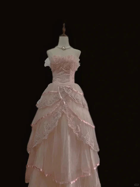 Vintage Ballgown Strapless Tulle Lace-Ruffled Back-Zip Floor-Length Evening Dresses