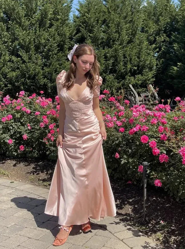 Vintage-Inspired Blush Satin Sheath Gown with Puff Sleeves