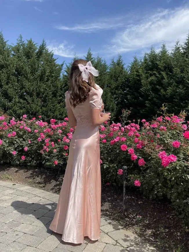 Vintage-Inspired Blush Satin Sheath Gown with Puff Sleeves