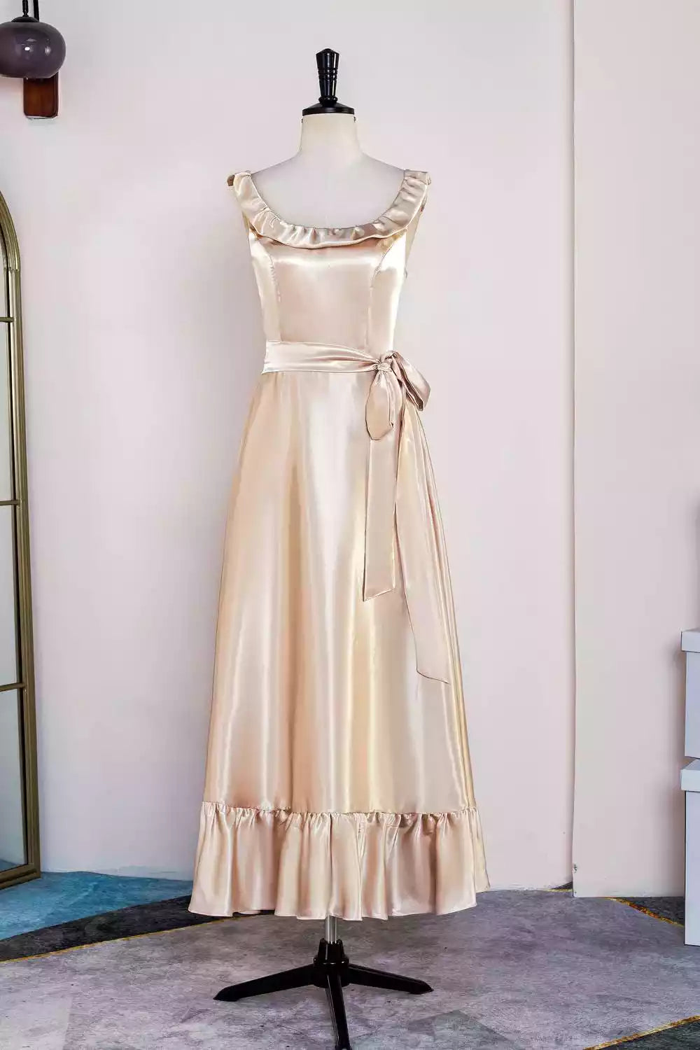 Vintage-Inspired Champagne Satin Gown with Ruffled Neckline & Tiered Hem