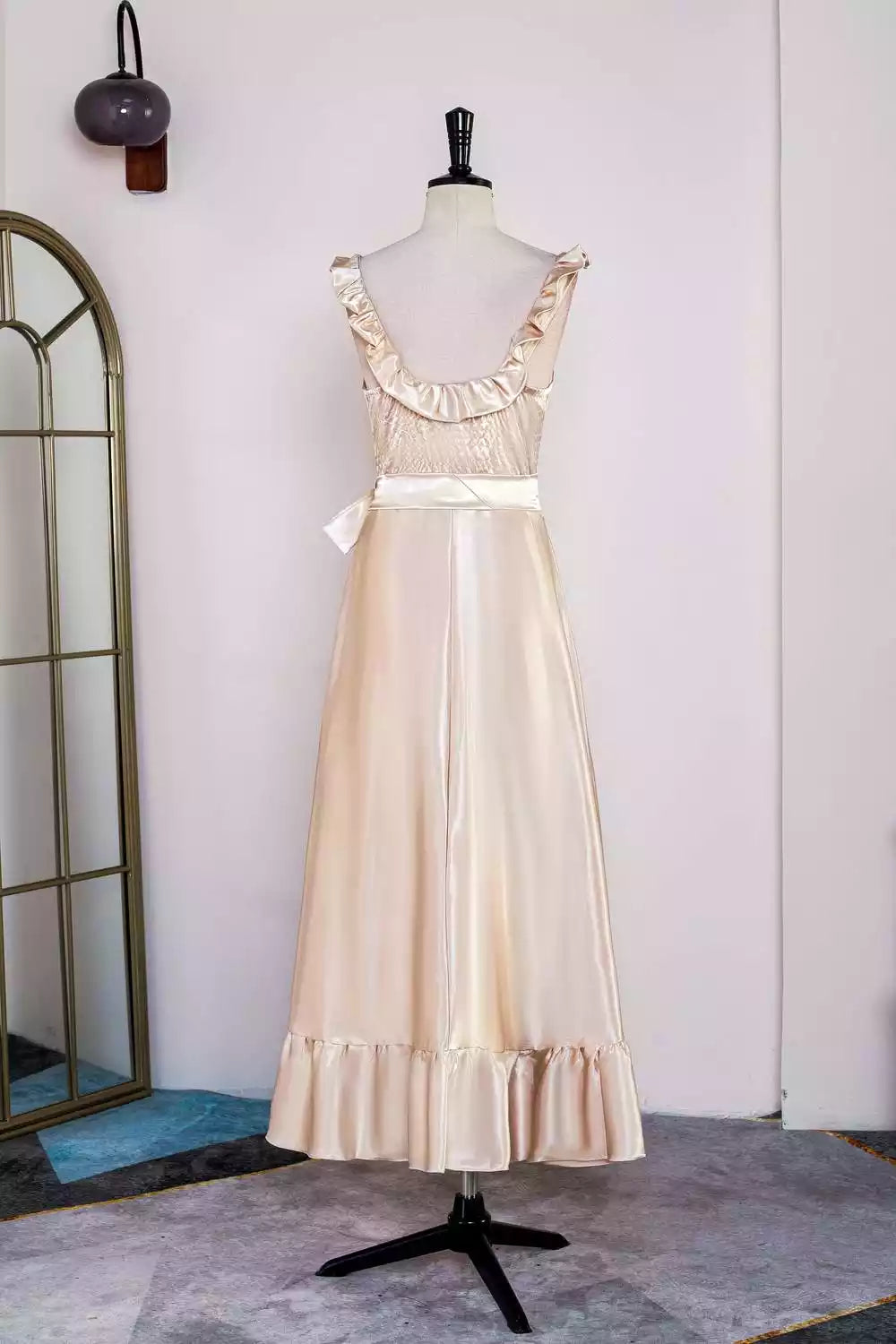 Vintage-Inspired Champagne Satin Gown with Ruffled Neckline & Tiered Hem
