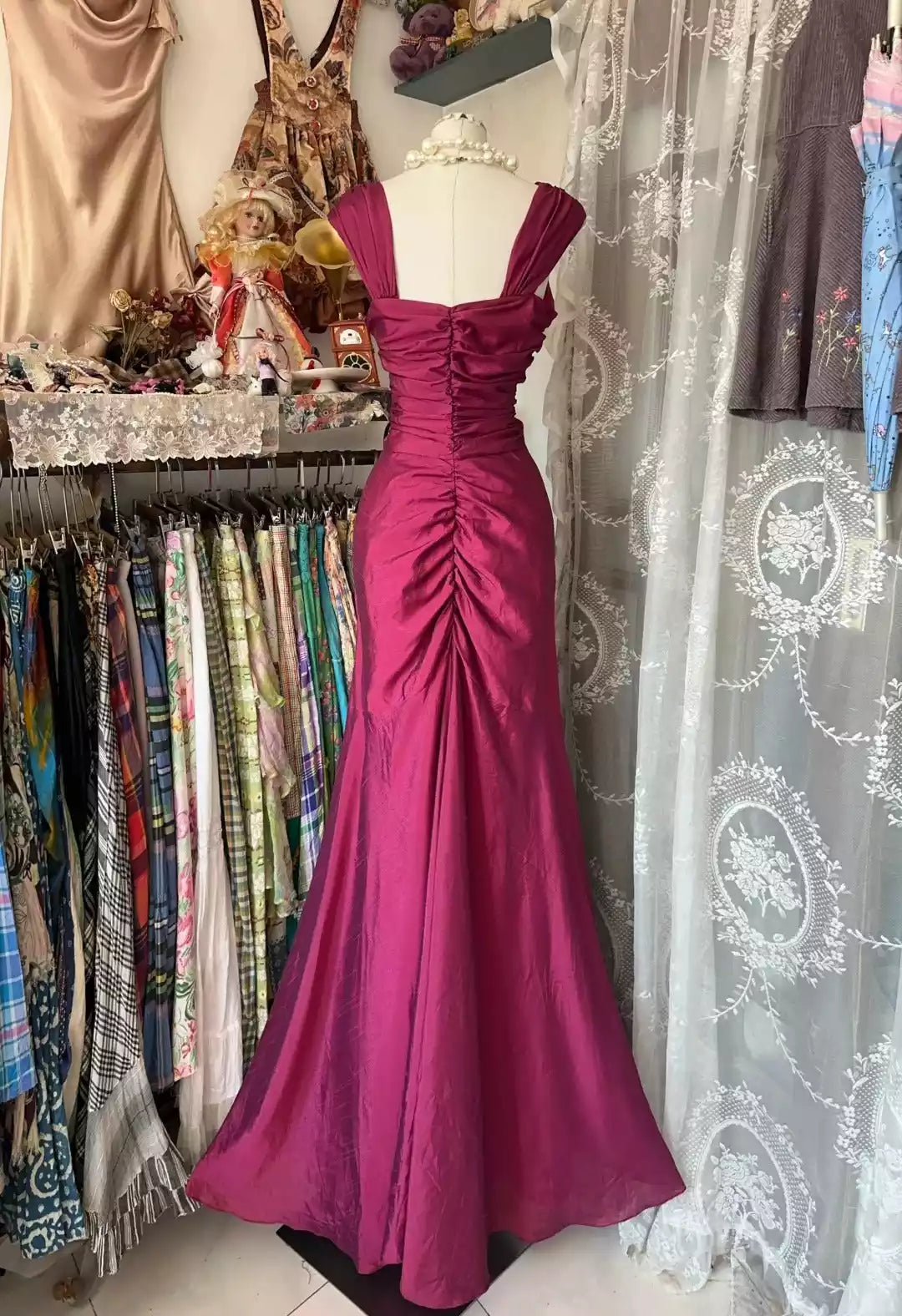 Vintage-Inspired Magenta Satin Mermaid Gown with Ruched Bodice