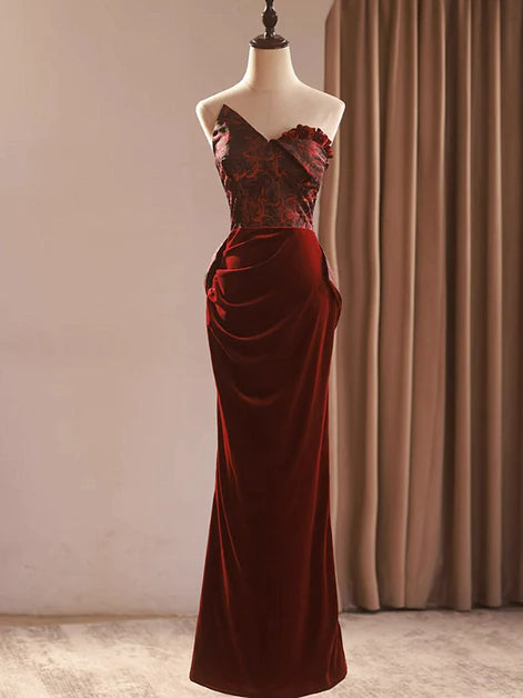 Vintage Mermaid One-Shoulder Velvet-Brocade Ruffled Bow-Back Floor-Length Evening Dresses