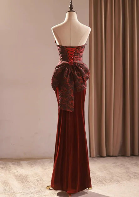 Vintage Mermaid One-Shoulder Velvet-Brocade Ruffled Bow-Back Floor-Length Evening Dresses