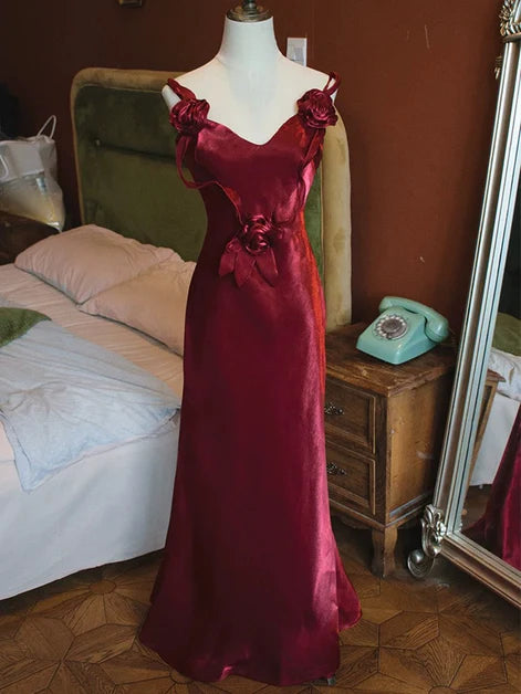 Vintage Sheath Spaghetti-Strap Satin 3D-Floral Lace-Up Back Floor-Length Evening Dresses