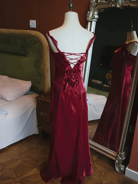 Vintage Sheath Spaghetti-Strap Satin 3D-Floral Lace-Up Back Floor-Length Evening Dresses