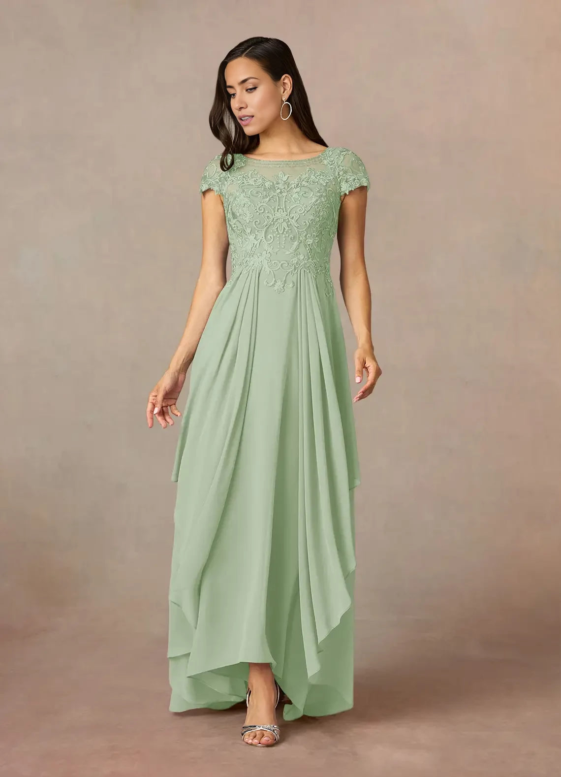 Vintage A-Line Scoop Neck Short Sleeve Back Zip Asymmetrical Length Mother of the Bride Dress