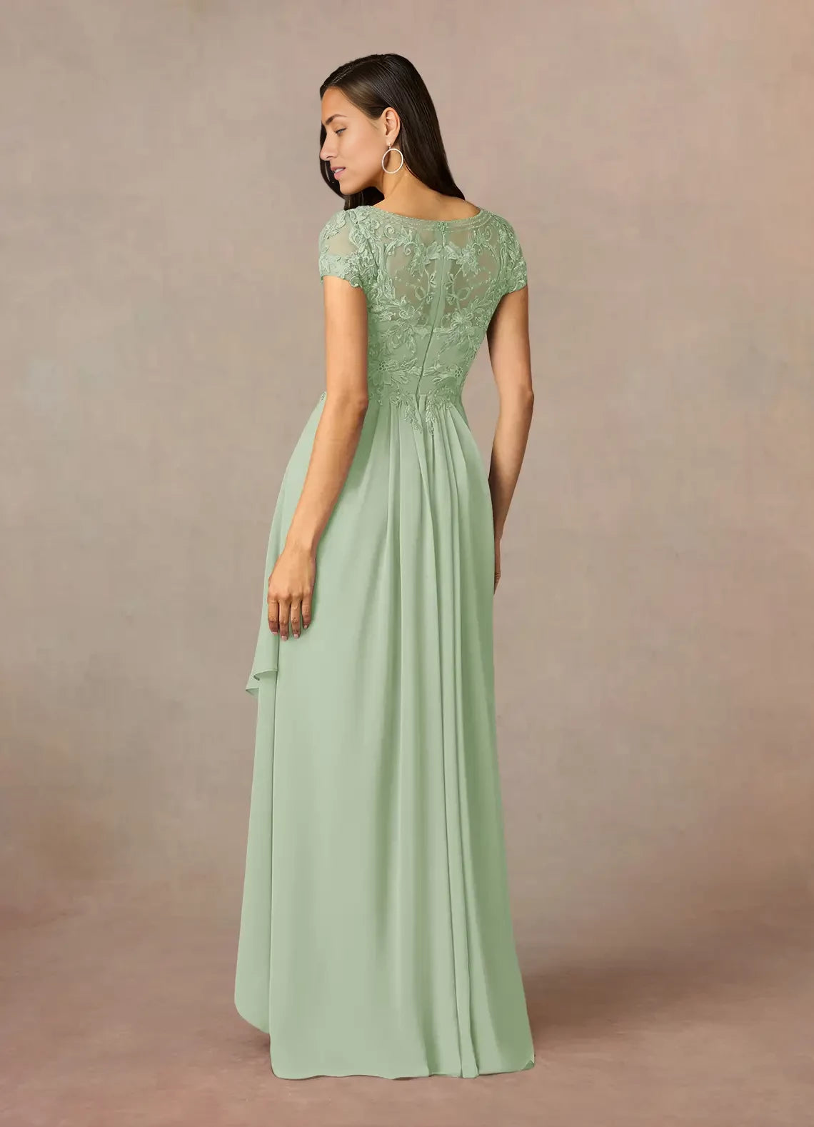 Vintage A-Line Scoop Neck Short Sleeve Back Zip Asymmetrical Length Mother of the Bride Dress