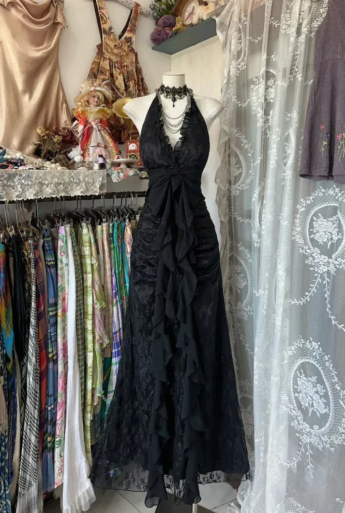 Vintage Black Lace Maxi Dress – Ruffle Trim Halter Gown with Bow Accent & Sheer Overlay